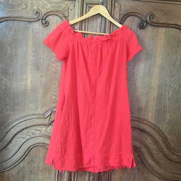 Amadi Anthropologie Maella Off-The-Shoulder Gauze Dress Coral 100% Cotton - Picture 8 of 11